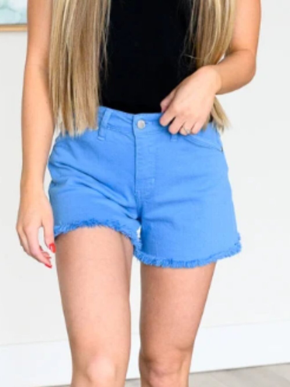 NEW Judy Celeste Mid Rise Cutoff Denim Shorts Size M Sky Blue Stretch Raw Hem
